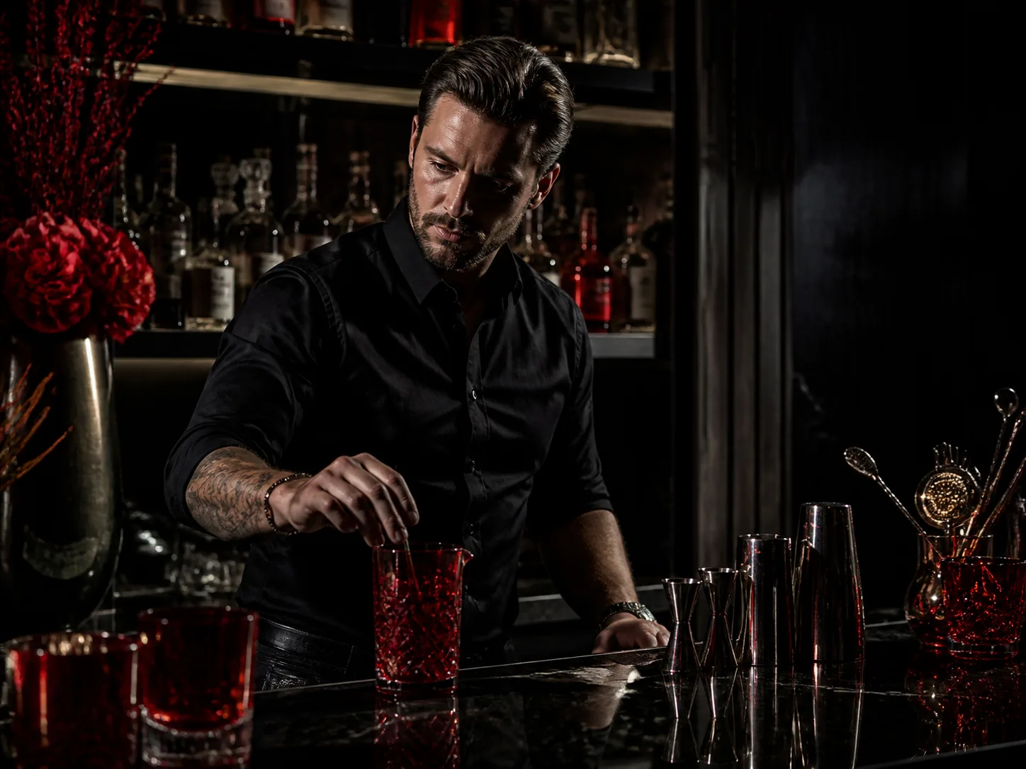 Bartender portrait behind a polished black bar