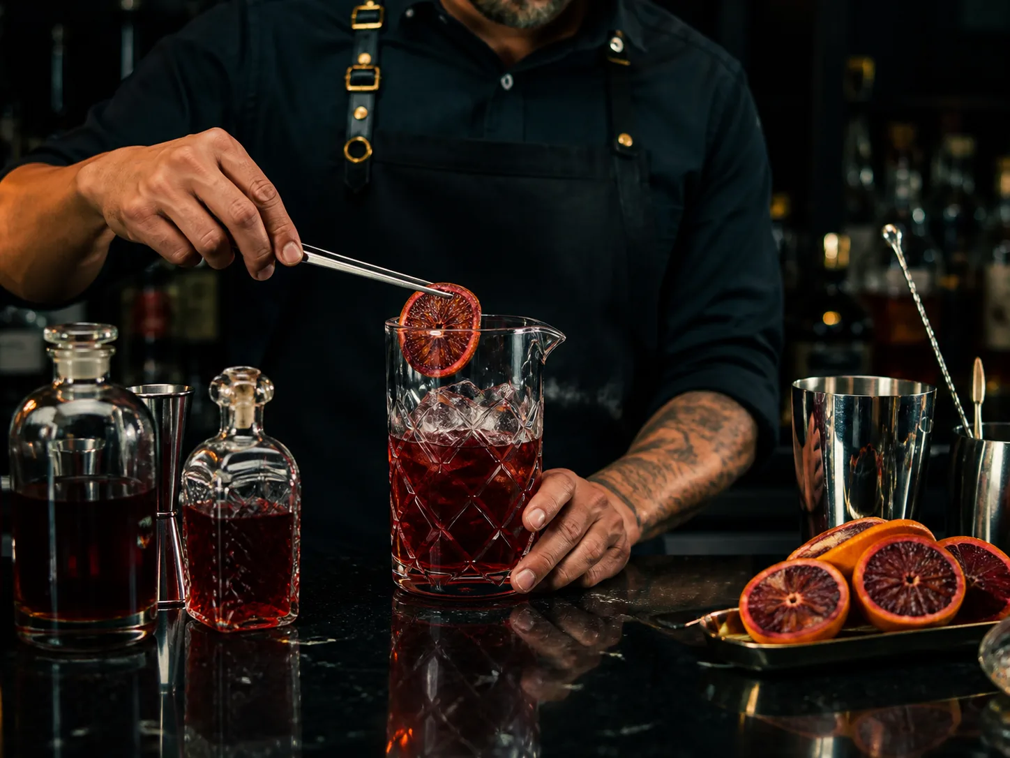 Bartender preparing a red citrus infusion