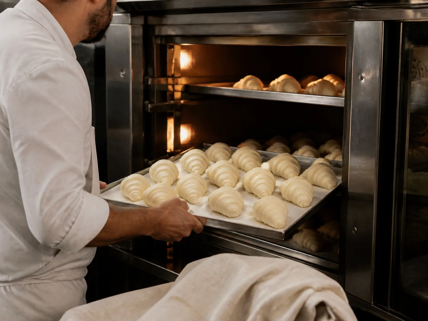 Baker loading trays of croissants into a deck oven