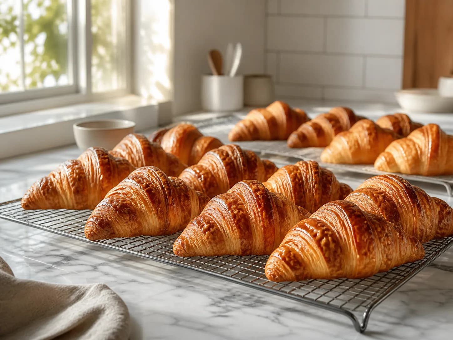 Golden croissants cooling on wire racks