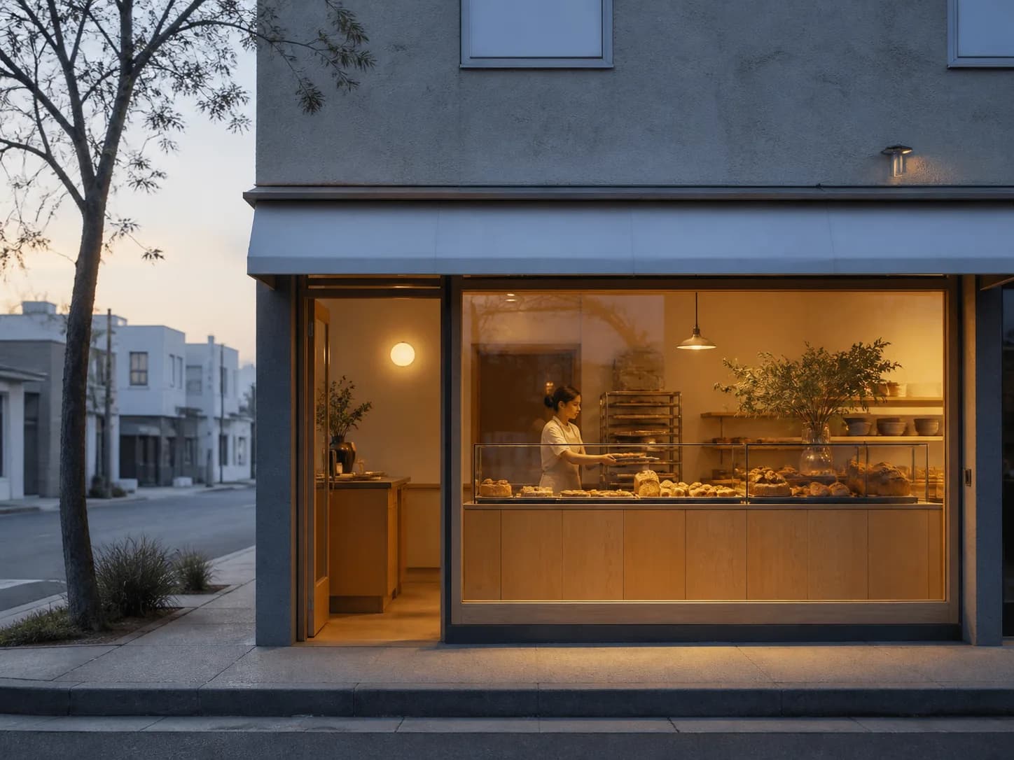 Neighborhood bakery storefront before opening