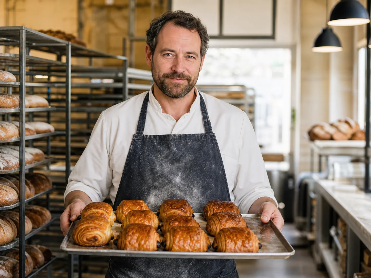 Baker holding a tray of finished pastries