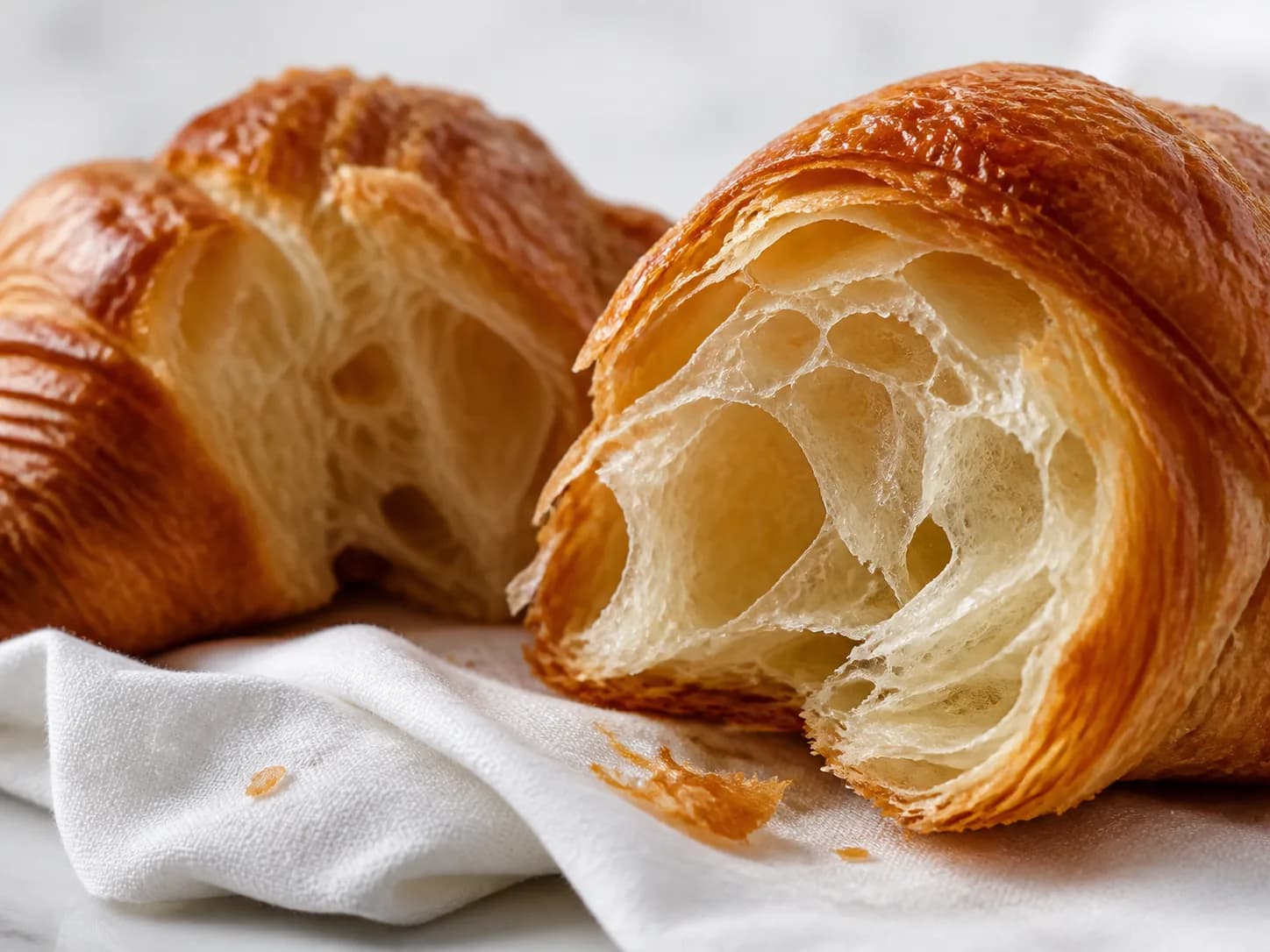 Close view of the laminated interior of a croissant