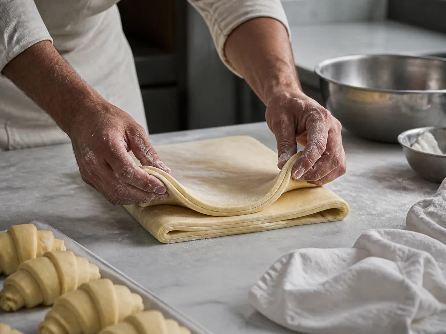 Baker folding laminated pastry dough on a marble bench