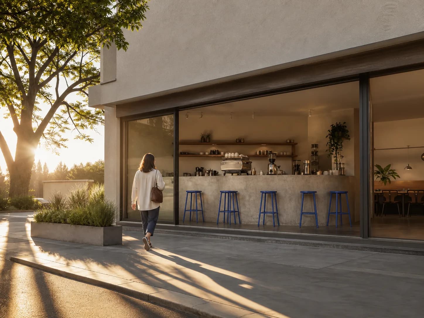 Modern cafe exterior in warm early morning light