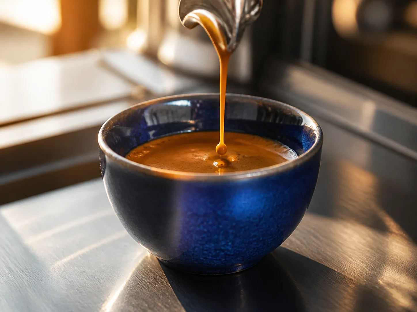 Espresso pouring into a cobalt ceramic cup