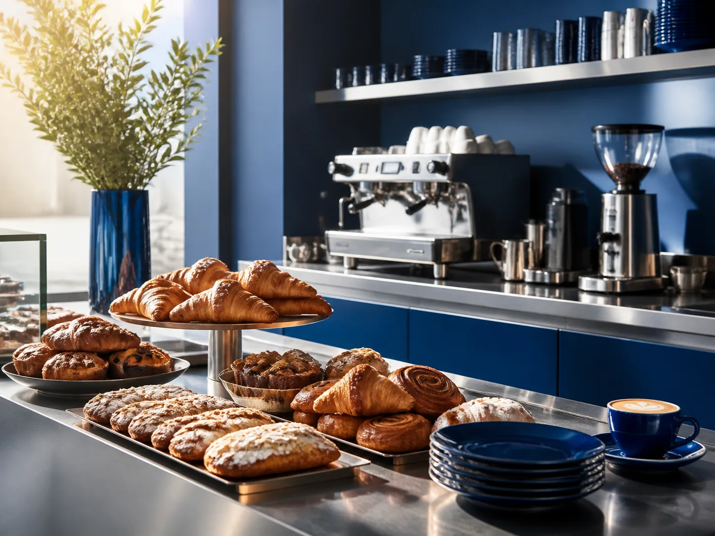 Morning pastry display inside a cobalt blue cafe