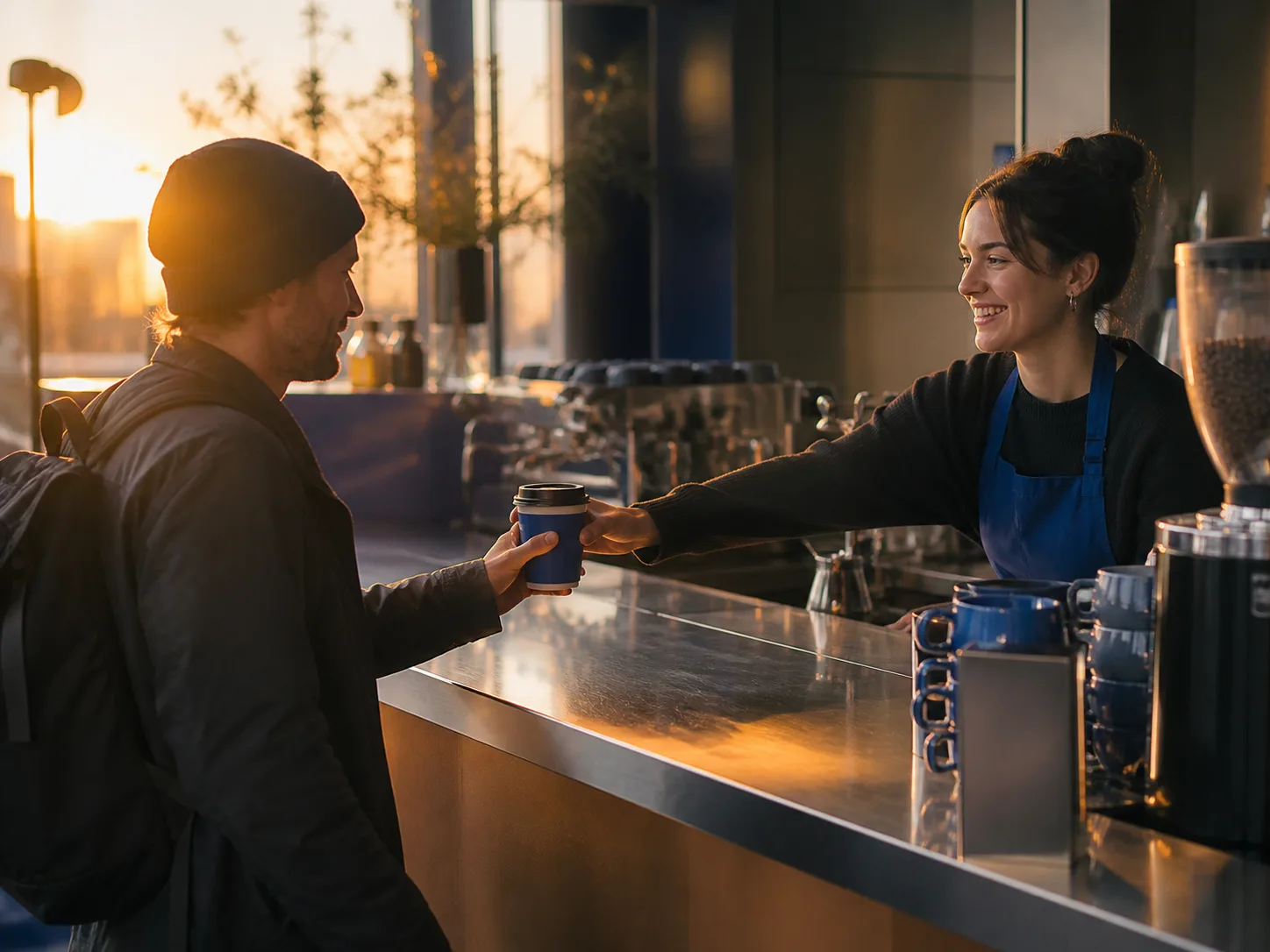 Barista handing coffee to an early customer