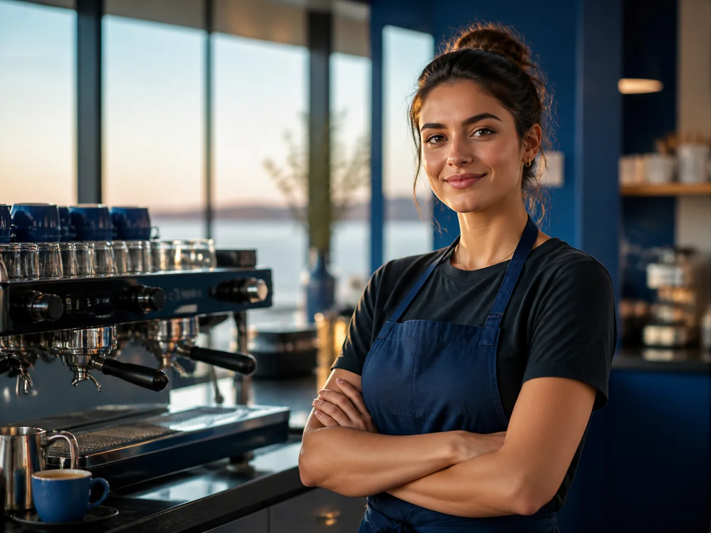 Barista portrait beside the espresso machine