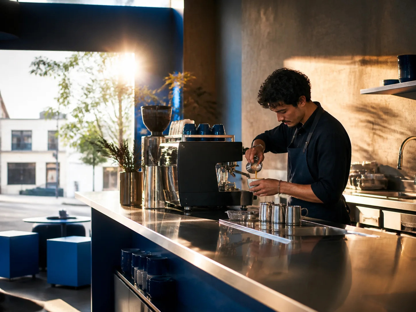 Barista preparing coffee in a sunlit modern cafe