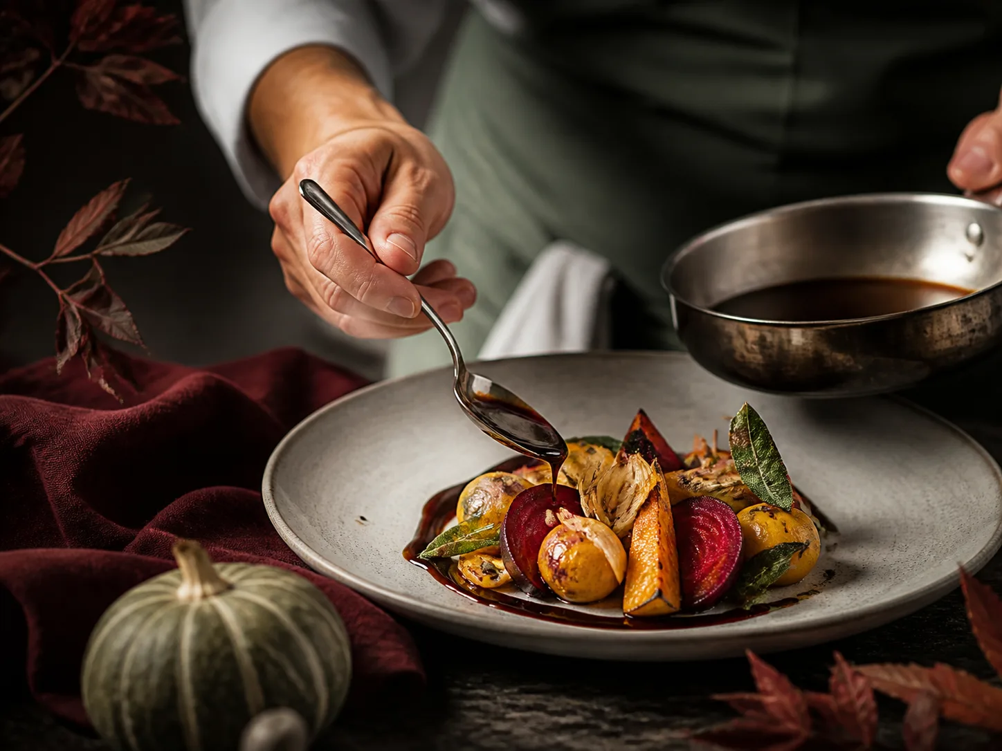 Chef saucing a seasonal vegetable course