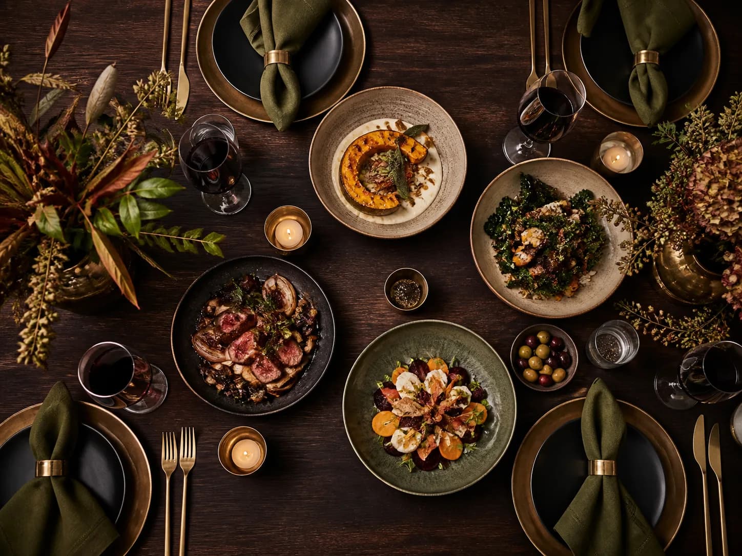 Seasonal dishes arranged across an editorial table