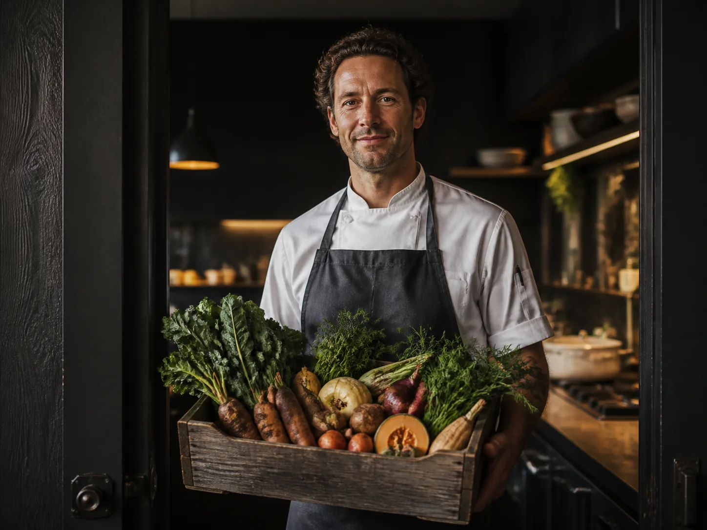 Chef holding a crate of seasonal produce