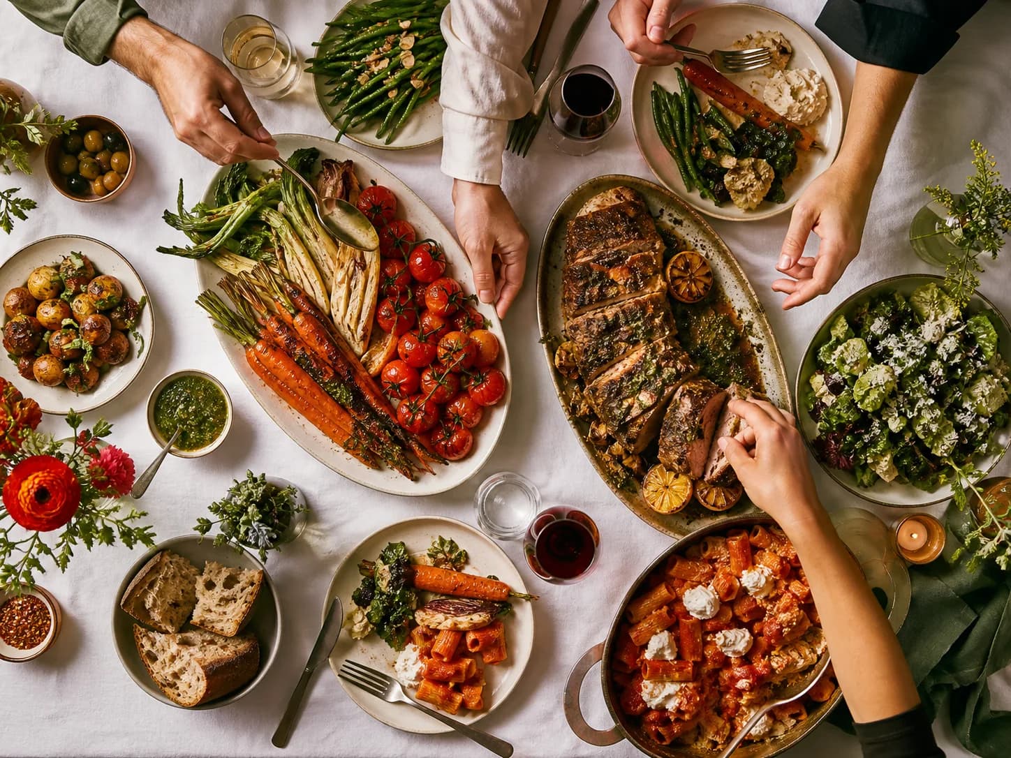 Shared Sunday dishes seen from above