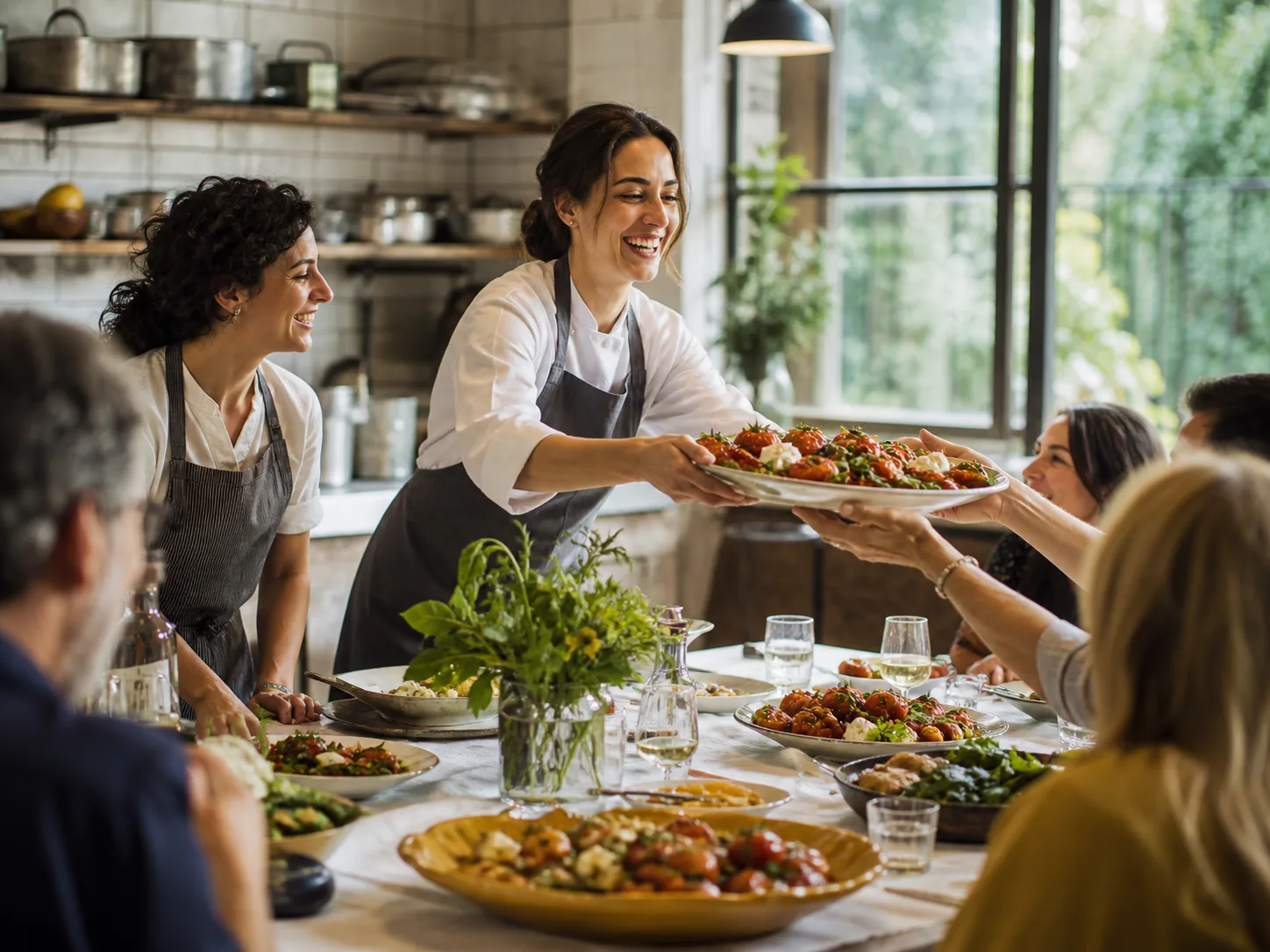 Cooks passing a family-style platter to the table