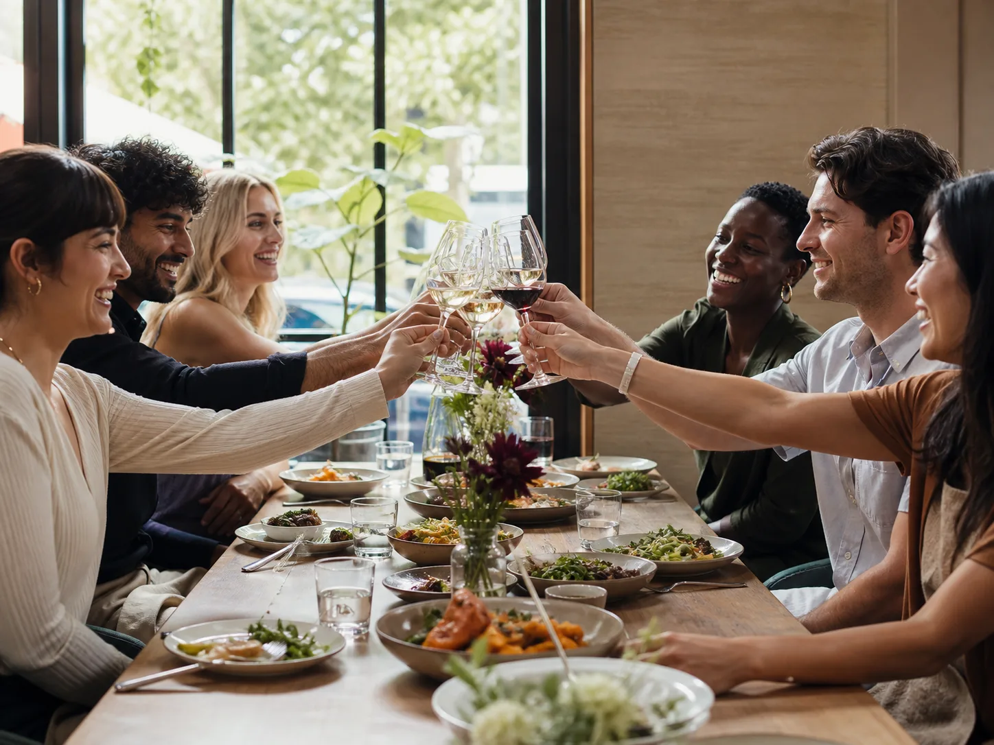 Friends making a midday toast over lunch