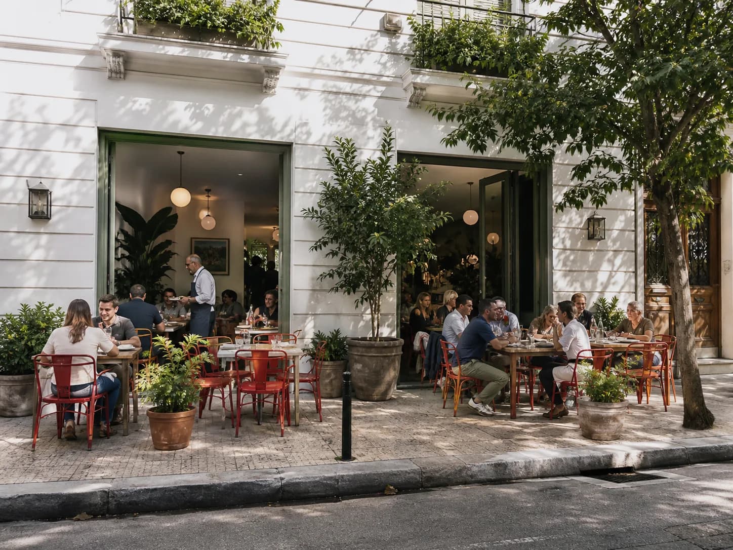 Neighborhood restaurant terrace during Sunday lunch